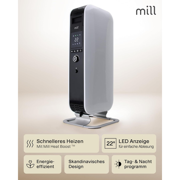 Масляний радіатор Mill, 1500 Вт, електричний обігрівач, до 22 м, безшумний, енергозберігаючий електричний обігрівач, безпечний електричний радіатор з програмою день/ніч, білий електричний радіатор, 18-22 м