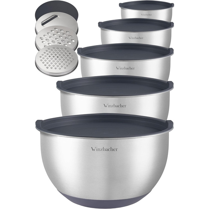 Миска з нержавіючої сталі Winzbacher з кришкою Набір з 5 шт. 1 л 1,5 л 2,5 л 3,5 л 4,5 л Миска для змішування, Салатниця, Набір ми