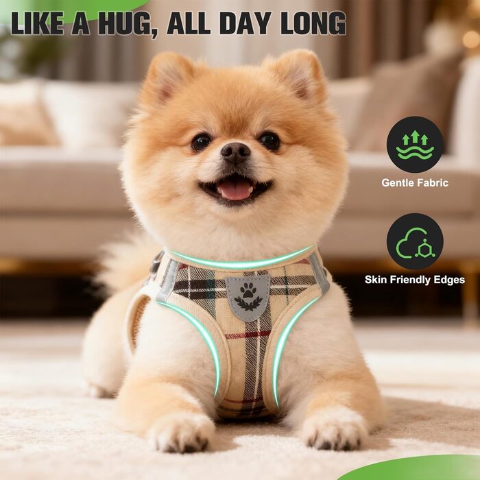 Шлейка та повідок для собак, комплект з тримачем для AirTag, м'яко підбитий, середній розмір, противисмикування, світловідбиваюча шлейка для цуценят, нашийник та повідок для прогулянок, Хакі, розмір S (Нашийник 22.8-29 см, Обхват грудей 36.8-40.6 см) Хакі