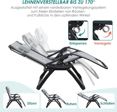 Складаний шезлонг з парасолькою, підголівником та тримачем для напоїв для саду, басейну та пляжу (сірий)