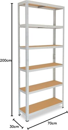 Офісна полиця для зберігання, міцна офісна полиця, світло-сірий/металевий, офісна полиця з 6 полицями/підвальна полиця, полиця для майстерні/металева полиця без болтів, вантажопідйомність 145 кг/офісна полиця для файлів, В 200 см / Ш 70 см / Г 30 см, 200x