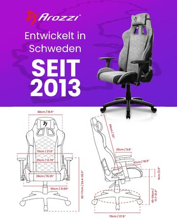 Ігрове крісло Arozzi Avanti Ергономічне ігрове крісло з мякої тканини, регульоване по висоті з регульованою спинкою та підлокітниками, підголівником, шведський дизайн для домашнього офісу та ігор Попелясто-сірий