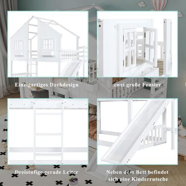 Дитяче двоярусне ліжко 90x200, ліжко-горище, ліжко-будиночок з гіркою, драбиною, вікнами, дахом та ящиком для зберігання, двоярусне ліжко, дерев&39яне ліжко, дитяче ліжко з рейковою основою та поручнями, сосна, без матраца, білий колір