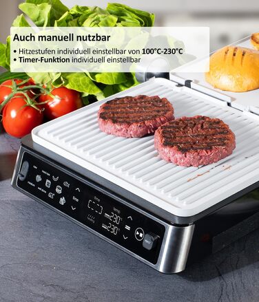 Електрогриль Genius Chef з корпусом із нержавіючої сталі для стейків та сендвічів, знімні панелі, набір 6 предметів, сірий