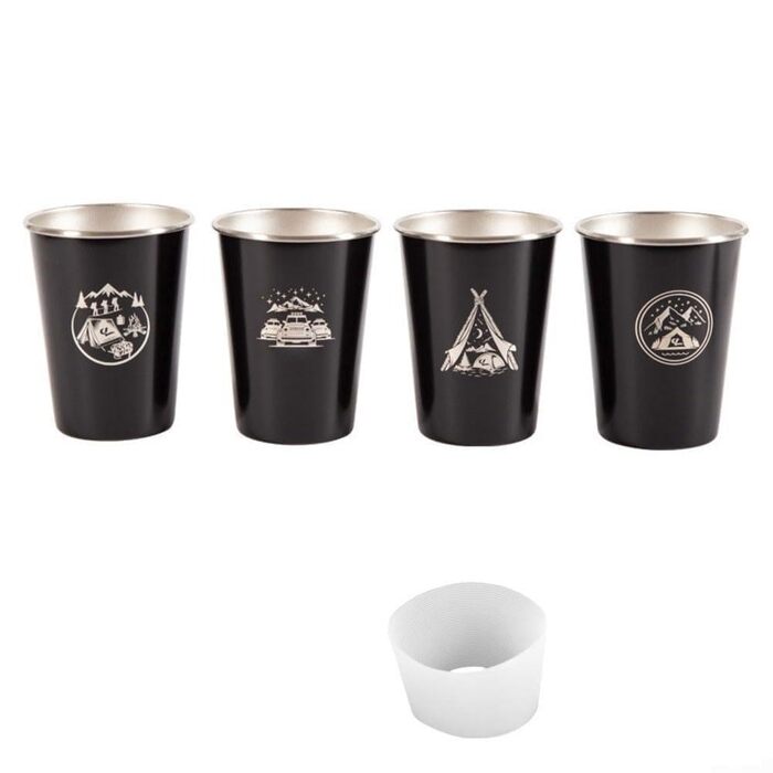 Кемпінгові кружки з нержавіючої сталі 304, набір з 4 предметів, 350 мл, кавові кружки для активного відпочинку на природі з силіконовим чохлом та сумкою для зберігання для походів, подорожей з рюкзаком, пікніків (чорні) (350 мл)