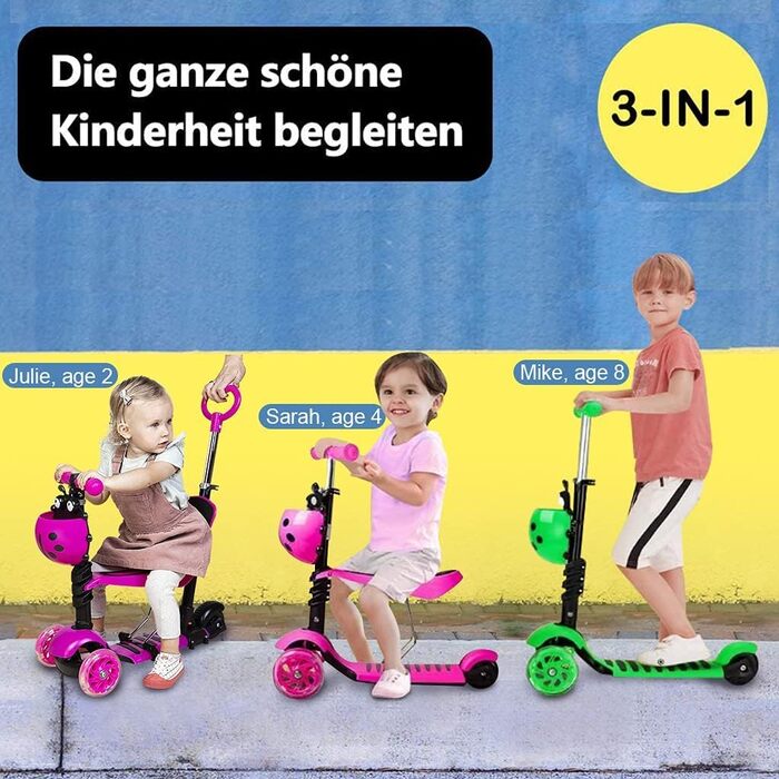 В-1 Дитячий самокат Самокат зі знімним кошиком для мультфільмів Сидіння штовхач Світлодіодні великі колеса Зручна спинка Регульова