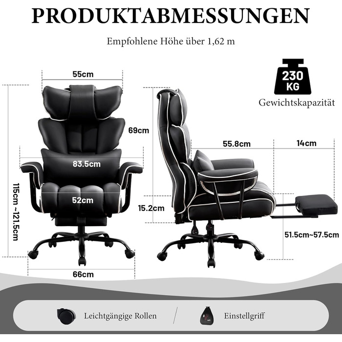 Ігрове крісло, Ергономічне офісне крісло, Крісло керівника зі штучної шкіри, Вантажопідйомність 200 кг з підставкою для ніг та поперековою опорою, Крісло для домашнього офісу, Регульоване крісло з високою спинкою, Обертове крісло (Чорне)