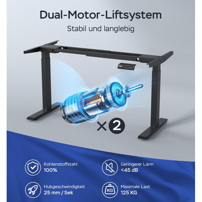 Регульована по висоті каркас столу з 2 потужними двигунами, регульована по висоті каркас столу, електрично регульовані ніжки столу з 4 налаштуваннями пам&39яті (чорний)