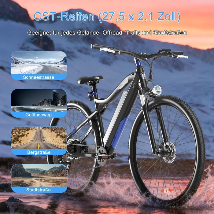 Електровелосипед M920 27,5 дюйма для дорослих 9-швидкісний електровелосипед зі змінним акумулятором 36 В 13 Аг, двигуном 250 Вт, швидкістю 25 км/год та запасом ходу до 60 км. Синій.