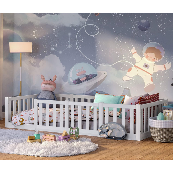 Ліжко Bellabino Tapi 90x200 см, дитяче ліжко із захистом від випадіння, включаючи рейкову раму, підлогове ліжко Монтессорі для хло