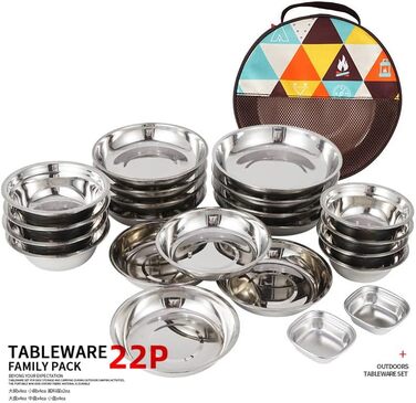 Набір посуду для кемпінгу на 22 частини, портативний похідний набір, полірований посуд з нержавіючої сталі, столові прибори для туризму та походів