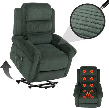 Крісло для телевізора Mendler HWC-K63, відкидне крісло, функція відкидання, допомога підйому, масаж, функція підігріву, тканина (220 г/м) вельвет - зелений