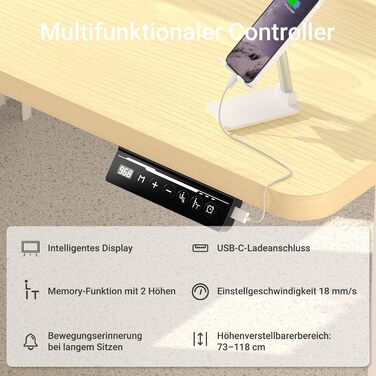 Стіл з регульованою висотою та портом зарядки USB-C, 140 x 60 см, функція пам&39яті. Міцний стіл з електричним регулюванням висоти, стіл для роботи сидячи та стоячи, регульований комп&39ютерний стіл, бежевий, 140 x 60 см.