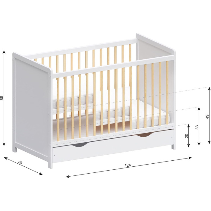 Дитяче ліжечко/спальне місце Love For Sleep 120x60 см з поролоновим матрацом та стьобаним чохлом, дитяче ліжко Tokyo білого кольору з сосни, дерев&39яне дитяче ліжко - трансформоване дитяче ліжко, білий/сосна