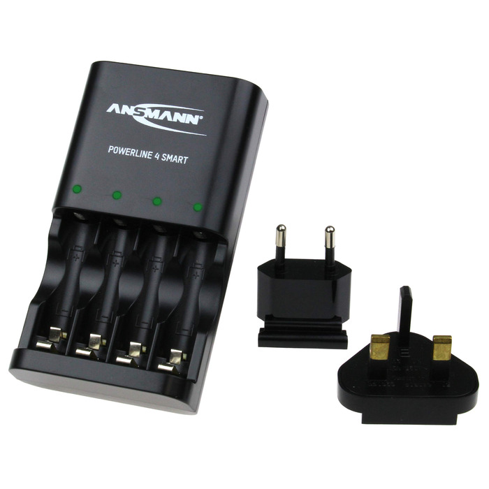 Зарядний пристрій Powerline 4 Smart AA та AAA для акумуляторів NiMH NiCD, з вилкою для Великобританії та багатокольоровим світлодіодним дисплеєм, швидке індивідуальне заряджання та моніторинг