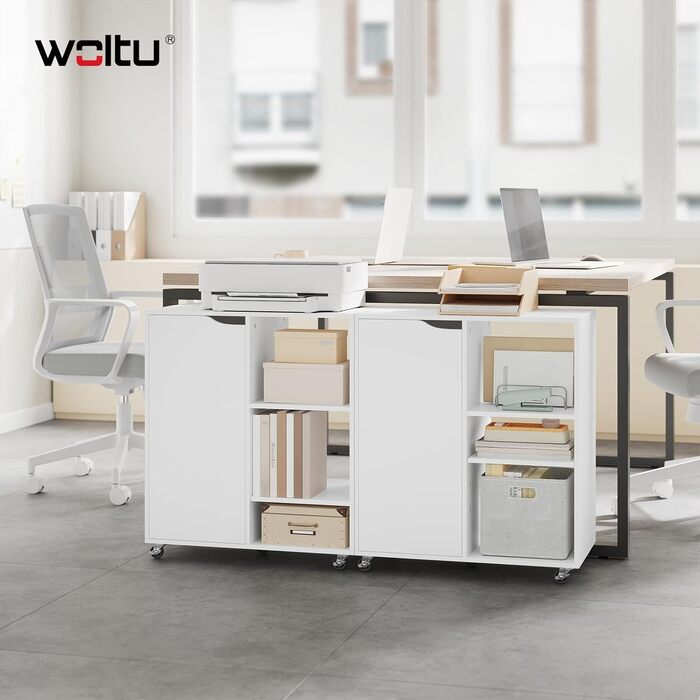 Шафа для документів WOLTU з колесами, стіл для принтера з 3 відкритими відділеннями, 1 дверцята, регульовані полиці, для дому та офісу, 60x70x35 см, білий