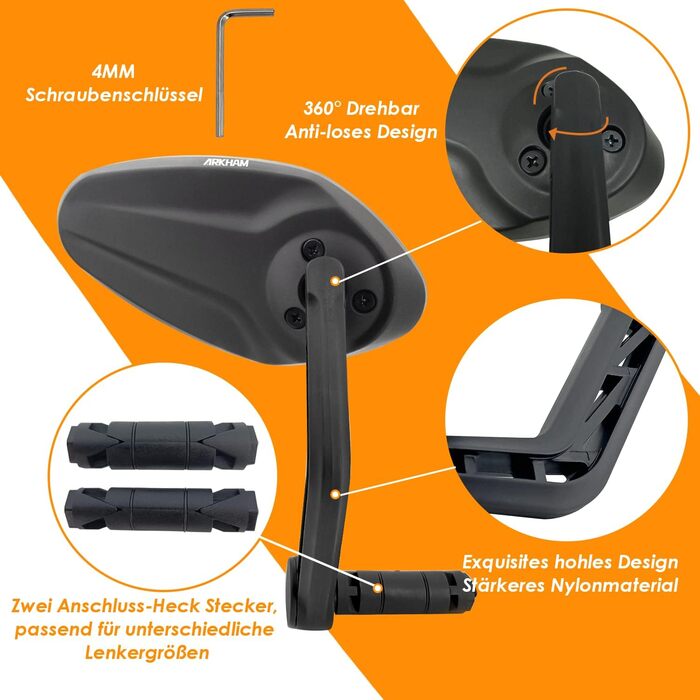 Дзеркала Arkham для велосипеда (2 шт.), дзеркала заднього виду HD Auto-Grade для керма, овальні дзеркала заднього виду, регульовані під різними кутами, універсальні дзеркала заднього виду для електровелосипедів, овальні, 2 шт.