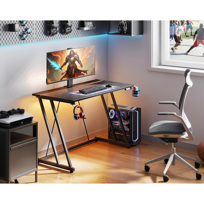 Ігровий стіл ODK 100 x 50 см зі світлодіодним підсвічуванням, ігровий стіл з підставкою для чашок та гачком для навушників, дизайн з подвійною Z-подібною рамою, невеликий комп&39ютерний стіл, чорний колір з вуглецевого волокна, 100 см, чорний колір з вугл