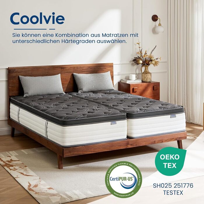 Матрац Coolvie 90x200 см, висота 25 см, ортопедичний та ергономічний пружинний матрац, 7-зонний комфортний пінопласт, рівень жорсткості 3, пружинний сердечник кишенькової форми з ізоляцією руху, сертифікований Oeko-Tex, 90x200x25 см