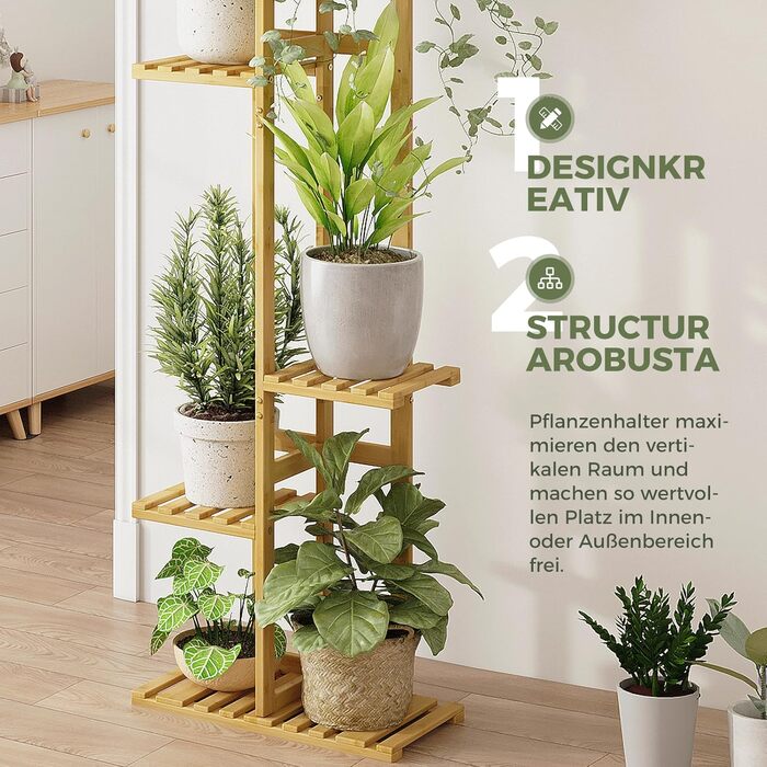 Підставка для рослин Bamworld, підставка для квітів, бамбукова полиця для рослин, кімнатна полиця для квітів, невелика металева підставка для квітів для тераси, саду, балкона, вітальні, спальні (5 рівнів), 5 рівнів з бамбука