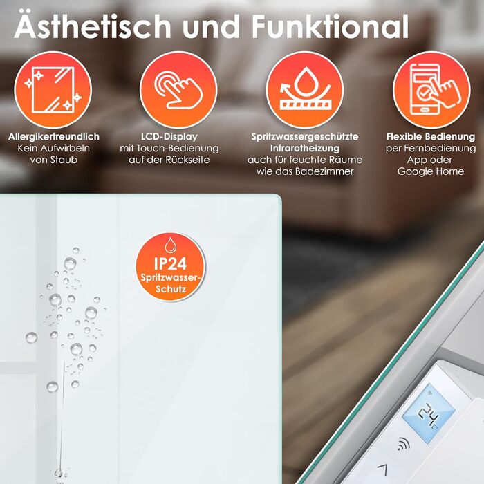 Інфрачервоний обігрівач KESSER 600 Вт, скляний конвектор, енергозберігаючий, 2-в-1, окремостоячий та настінний електричний обігрівач з датчиком відкритого вікна дистанційним керуванням та керуванням через додаток, термостат, нагрівальна панель 600 Вт, біл