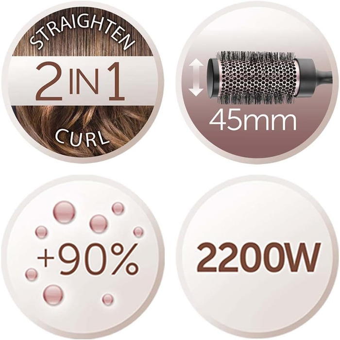 Фен для волосся Remington Curl-Straight з іонізацією (2200 Вт, 3 насадки конічна, для локонів та дифузор, кругла щітка 45 мм, затискачі, 3 рівні температури та 2 рівні обдуву) D5707, чорний