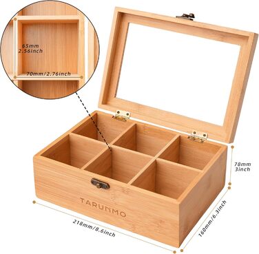 Чайна коробка, бамбук, 6 відділень, чайна скринька з оглядовим віконцем, органайзер для чайних пакетиків, ВxШxГ приблизно 22 x 16 x 9 см, натуральний колір, (1-221609)