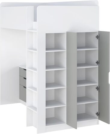 Дитяче ліжко-горище Shefa з письмовим столом - компактне ліжко-горище 5-в-1 для дітей зі сходами, шафою, полицею та робочою зоною - сірого кольору, вантажопідйомність до 90 кг, розміри 206 x 107 см