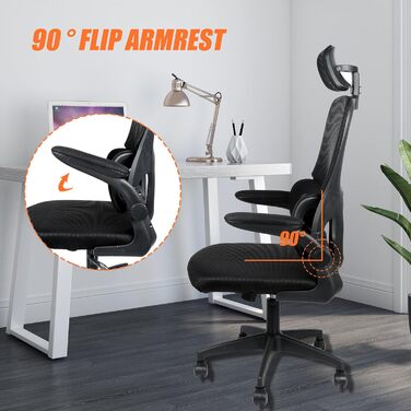 Ергономічне офісне крісло OHMG, офісне крісло з сітчастої тканини, поперекова опора та сидіння з регульованим кутом нахилу, підголівник, регульовані підлокітники, поворотні колеса на 360, вантажопідйомність 200 кг (чорне, 125 x 65,5 x 64 см) Чорний - 125 