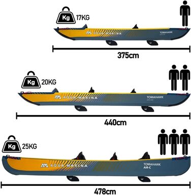 Надувний каяк преміум-класу Aqua Marina Tomahawk AIR-K високого тиску Drop-Stitch для 1 особи, довжина 375 см, темно-синій/жовтий