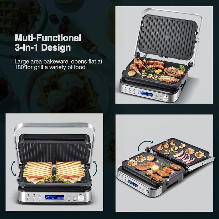 Машина AMZCHEF 4-в-1 (контактний гриль, сковорода, вафельниця, бутербродниця) - 2000 Вт, з 4 знімними пластинами з антипригарним покриттям, з вільно регульованим часом і температурою - XXL клас енергоспоживання A