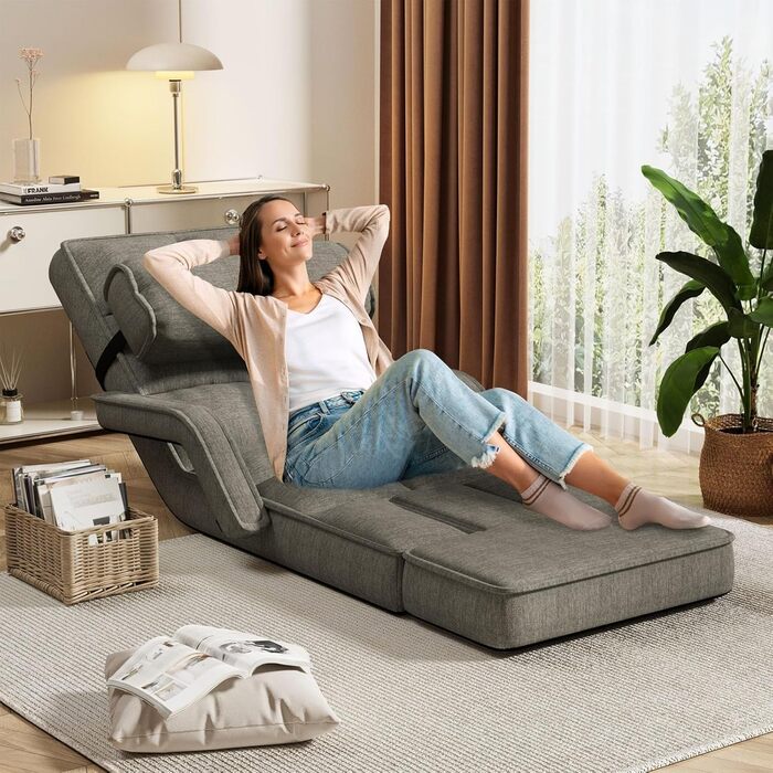 Регульоване підлогове крісло UNIONLINE, складне, з підлокітниками, ігрове крісло з подушкою та підставкою для ніг, одне крісло, ліжко для спальні, дому, офісу, темно-сіре