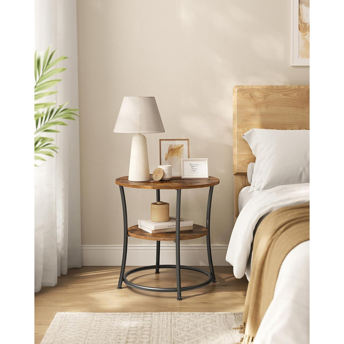 Круглий бічний столик VASAGLE, 2-ярусний журнальний столик, консольний столик, сталевий каркас, для невеликих приміщень, вітальні, спальні, вінтажний коричневий-чорний LET56BX Вінтажний коричневий чорнильний без подовжувача