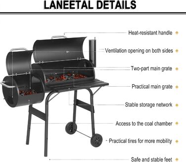 Вугільний гриль Laneetal з кришкою та візком на колесах, металевий садовий гриль з робочою поверхнею для кемпінгу та відпочинку на природі, чорний