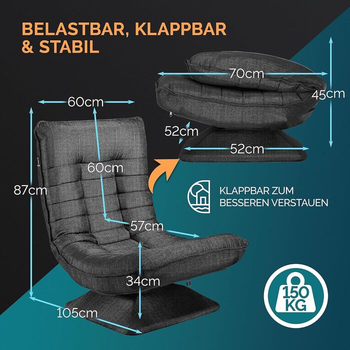 Крісло Casaria з регульованою спинкою, поворот на 360, складне, вантажопідйомність 150 кг, 60x105x87 см, м&39яке, ігрове крісло для вітальні, чорне