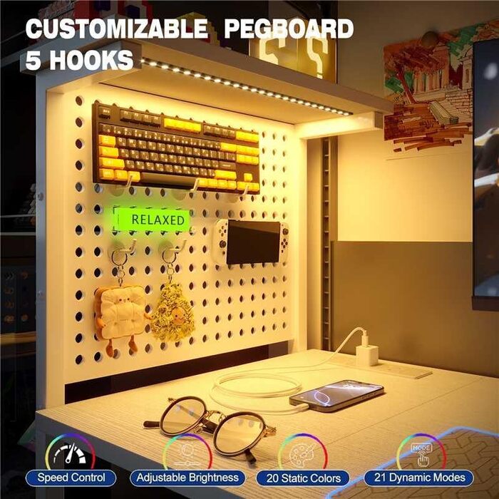 Ігровий стіл 100 x 50 см з перфорованою дошкою, розеткою, невеликим комп&39ютерним столом з двосторонніми полицями та сумкою для зберігання для домашнього офісу, білий 100 x 50 см