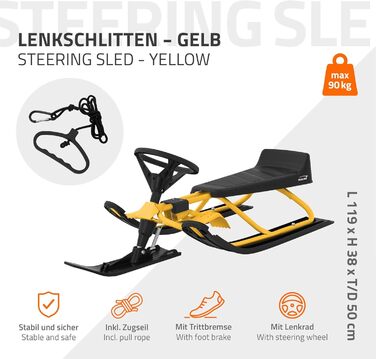 Німеччина Санки з кермом, дитячі санки від 5 років, скібоб для дітей та дорослих до 90 кг, санки з кермом, ножні гальма, тяговий т