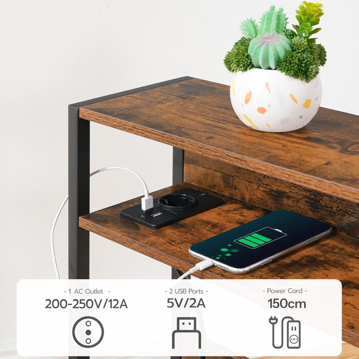 Вузький приставний столик, столик біля дивана із зарядною станцією, тумбочка з 2 дерев&39яними композитними панелями та 1 металевою полицею, для невеликих приміщень, вітальня, вінтажний коричневий та чорний DTBZ05CBF Вінтажний коричневий, чорний