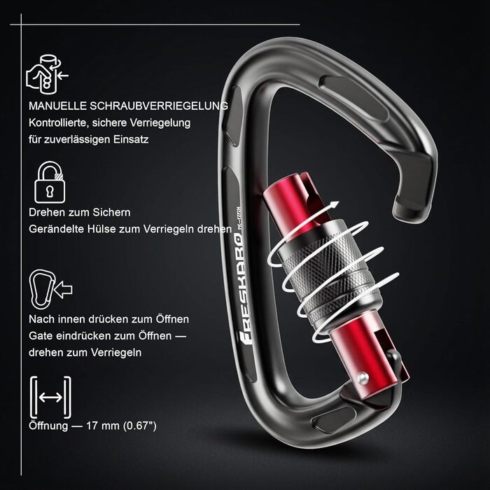 Карабін FresKaro 25kN, чорний, гвинтовий затвор, сертифікований CE карабін для спуску на мотузці, повідці для собак, великий, надзвичайно міцний 2550 кг, легкий, стійкий до іржі, міцний, матеріал авіаційний алюміній 7075, чорний - 2 шт.