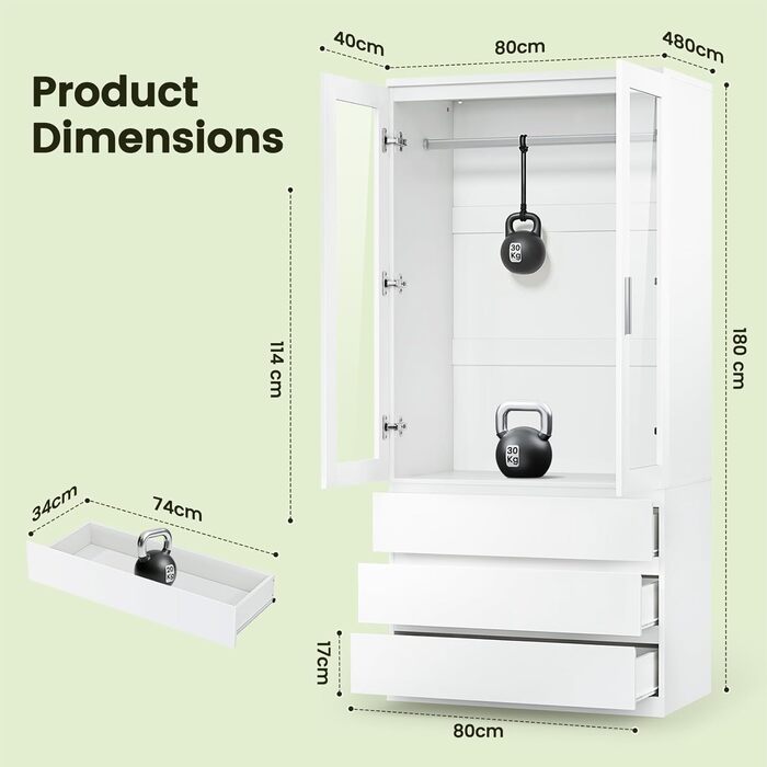 Дводверна шафа Dripex, маленька шафа з однією рейкою для одягу та 3 шухлядами 80 x 48 x 180 см Біла, мінімалістична гардеробна-шафа для спальні, дводверна 80 x 48 x 180 см