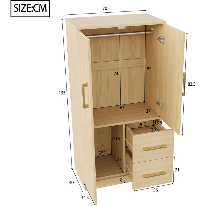 Шафа шириною 70 см, дводверна конструкція, висока/багатофункціональна шафа з полицею та шухлядами, висока шафа з вішалкою для одягу, колір дерева, меблі для спальні, колір дерева, 70x40x135 см