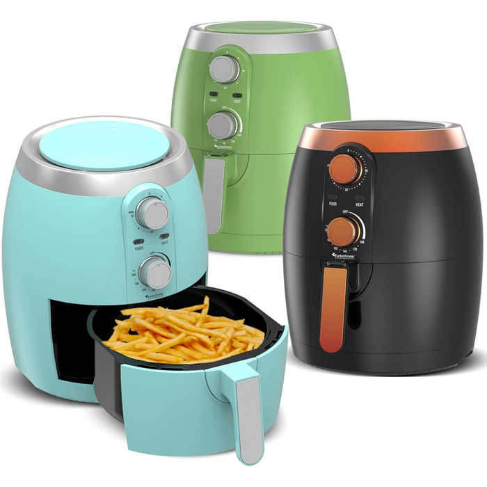 Аерофритюрниця / 3.5 л / чорний, зелений. бірюзовий / 1200 Вт / Мультипіч з таймером до 30 хвилин, без масла та жиру, 100-200C, cool touch, ретро-дизайн (чорний)