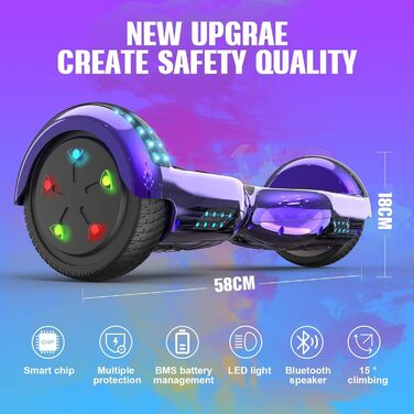 Гіроскутери GeekMe 6,5 дюймів з двома двигунами, 2 колесами та світлодіодними ліхтарями, Bluetooth, фіолетовий колір