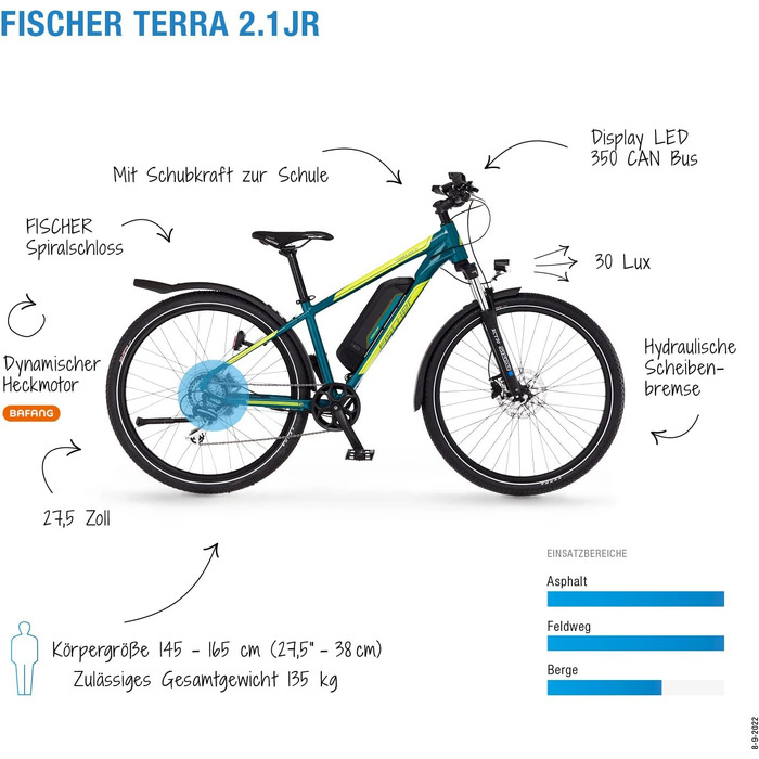 Електричний гірський велосипед FISCHER MONTIS/TERRA 2.1 Junior для чоловіків та жінок, висота 38 см, задній двигун 45 Нм, батарея 48 В 38 см - 422 Вт-год Terra 2.1 Junior