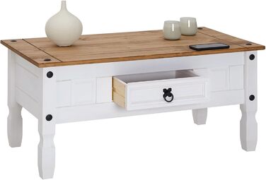 Журнальний столик CARO Furniture Campo в мексиканському стилі, стіл для вітальні/приставний столик, масив сосни, коричневий/білий лак, з 1 шухлядою