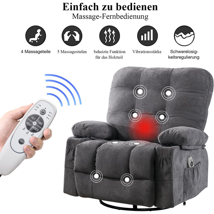Крісло Bosmiller з функцією відкидання, масажне крісло, велике крісло для телевізора, поворотне на 360, підігрів, регульоване, тканинне крісло, сірий колір