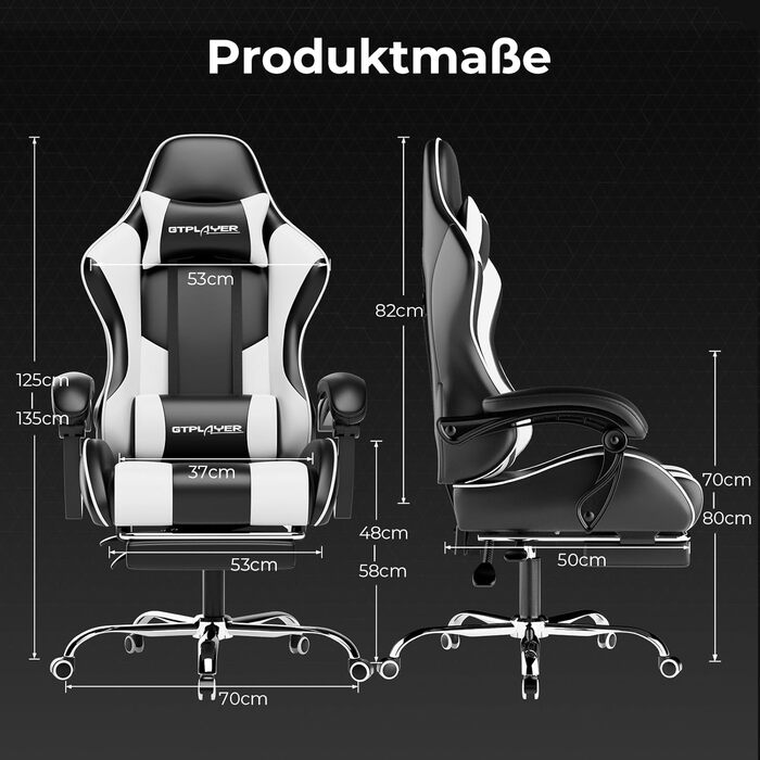Ігрове крісло GTPLAYER, офісне крісло, стільце для столу, геймерське крісло, обертове крісло, ергономічне крісло для ПК, багатофункціональне крісло для керівника кіберспорту (чорно-біле)