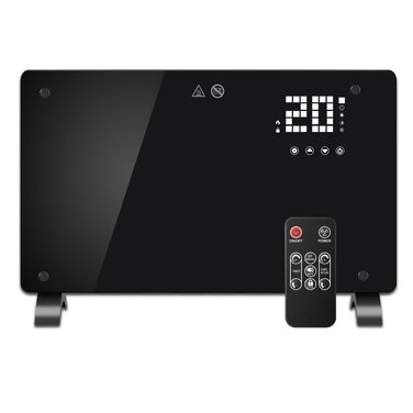 Конвекторний обігрівач DONYER POWER 1500 Вт, ультратонкий настінний або окремостоячий, 24-годинний таймер з дистанційним керуванням, чорна скляна панель, 1,5 кВт, чорний