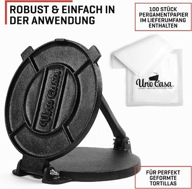Прес для тортильї Uno Casa 20 см - Прес для тако, надміцна чавунна тортилья - Roti Maker Bonus 100 шт. пергаментний папір