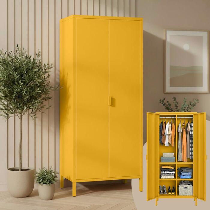 Металева шафа Skølm Ituri, гірчично-жовта Шафа з 6 полицями та 2 рейками для одягу Шафа для передпокою шириною 80 см Шафа для спальні в індустріальному стилі Сталева шафа для вітальні та офісу, гірчично-жовта без шухляд